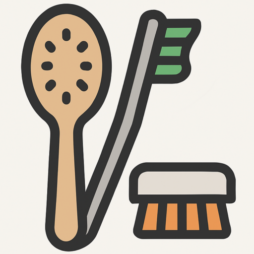 Trois brosses stylisées alignées : une brosse à cheveux, une brosse à dents et une brosse de nettoyage, en icône plate vectorielle.